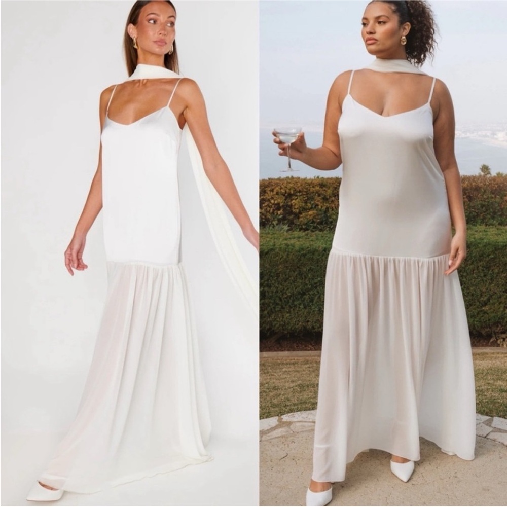 NEW Show Me Your Mumu Dalia Dress In Ivory Luxe Satin Chiffon Drop Hem Size XXL